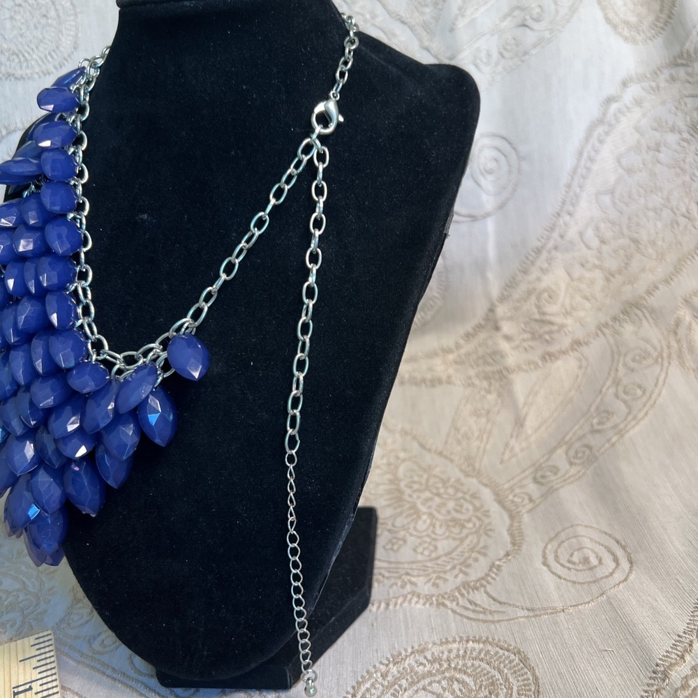 Statement Blue Bib Necklace Silver Tone 19 In Adjustable - Picture 4 of 4